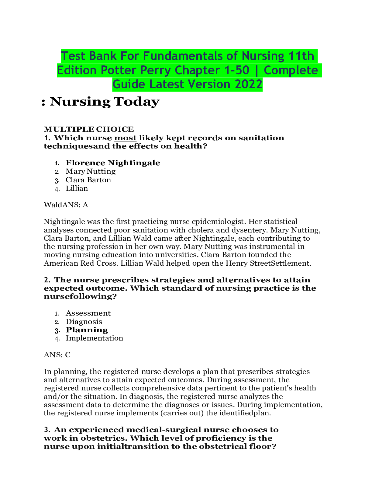Preview image for Test Bank For Fundamentals of Nursing 11th Edition Potter Perry Chapter 1-50 | Complete Guide Latest Version 2022
